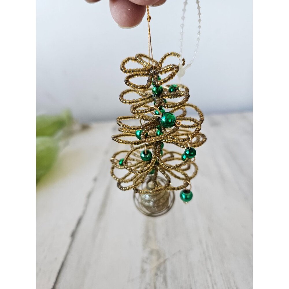 Vintage beaded tree gold green unique Xmas